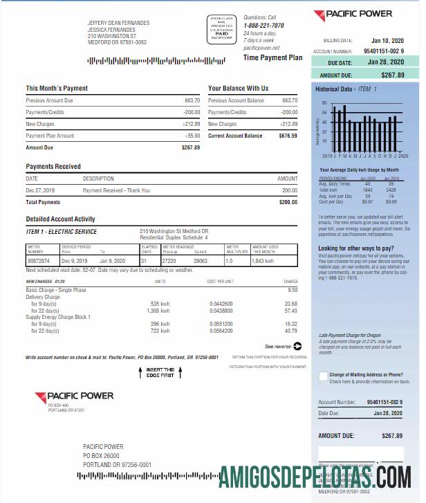 imprimível Modelo de projeto de lei de serviços públicos EUA PACIFIC POWER Word e PDF